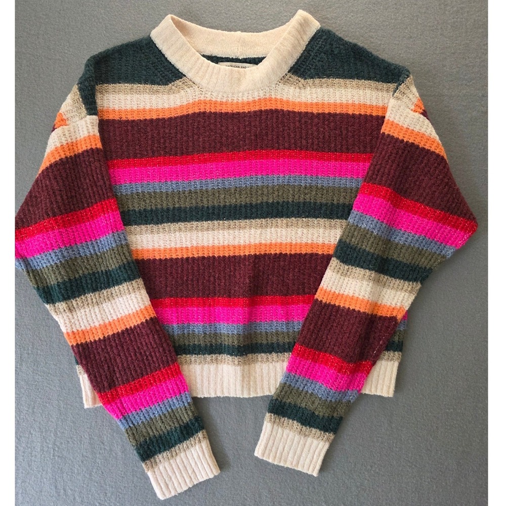 American Eagle Striped Chenille Knit Cropped Sweater Multi Color Womens Small